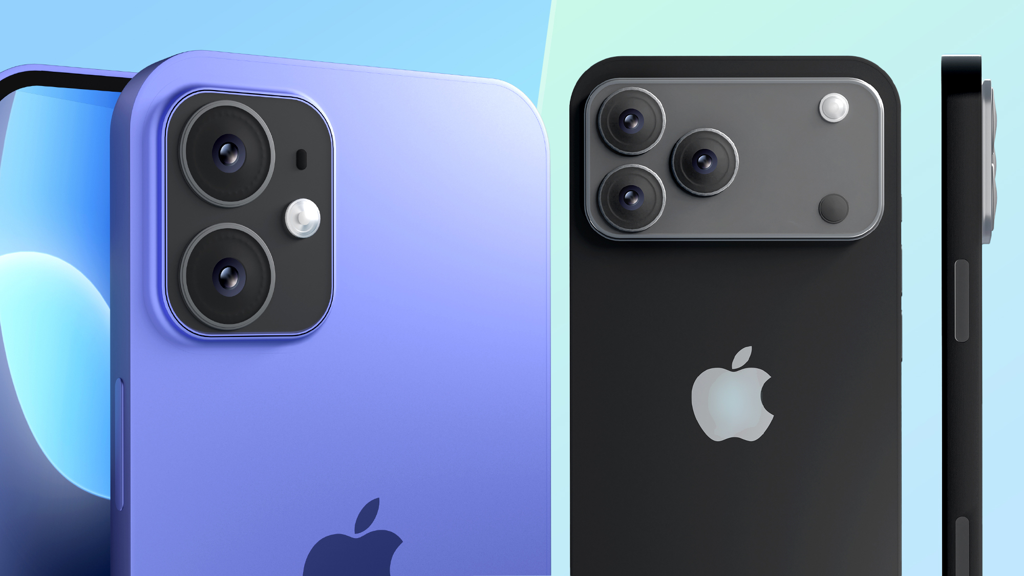 iPhone 18 series concept render showing dual camera model in purple and triple camera Pro model in black